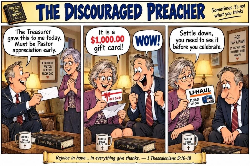The Discouraged Preacher — U-Haul gift card cartoon