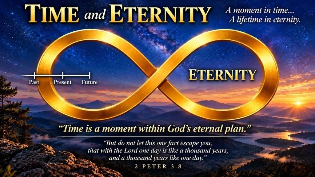 Time and Eternity — infinity symbol over sunset landscape with 2 Peter 3:8