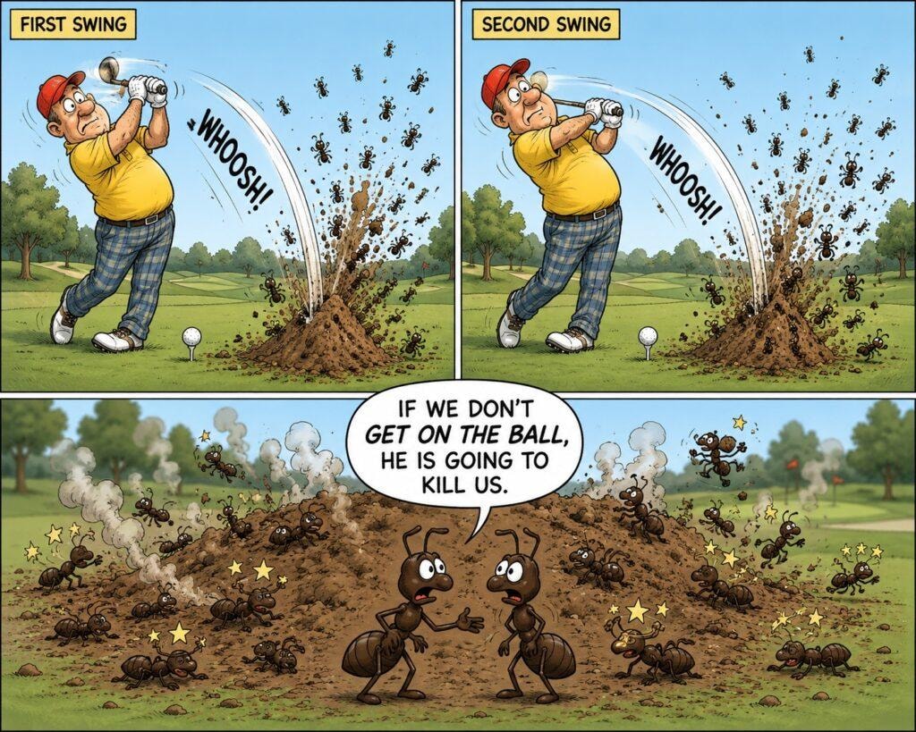 Humorous cartoon of a golfer and a colony of ants